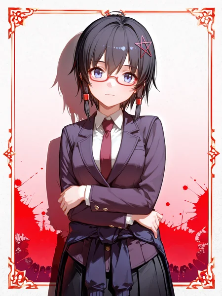 lazypos, ningen mame, nagasawa tougo, ciloranko, <lora:Naho3CoPaXL:1> Naho_CoPa, 1girl, short hair, pentagram hair ornament, school uniform, blazer, red glasses, clothes around waist, hair tubes, black pleated skirt, cowboy shot, inset border, red paint splatter, gradient background, tachi-e, looking at viewer, crossed arms, black hair, <lora:cfg_scale_boost:0.5>, <lora:V2_yakumo_alchemy:0.8>