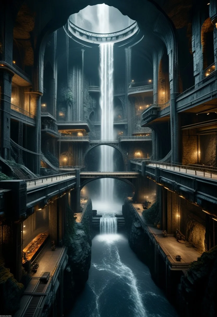 island inside a huge dark cave, darkness, sprawling underground gothic secret villain lair, reclaimed brutalism, stone buildings, wires and computer machines, catwalks, bridges, smoke, steam, steam_swirls, bridges, waterfall, lifts, (masterpiece:1.2), best quality, (hyperdetailed, highest detailed:1.2), high resolution textures, dimly lit, very detailed, atmospheric haze