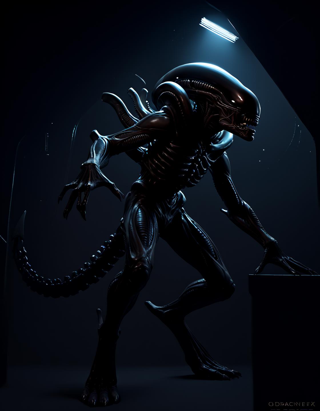 score_9, score_8_up, score_7_up, score_6_up, source_furry, solo, full-length portrait, spaceship background, night, digital art,   <lora:Alien_-_Xenomorph_PONY:0.8>  xenomorph, digitigrade, monster, backlighting, rimlight, cinematic, nsfw, rating_explicit, genital slit, low-angle view, low angle view, <lora:dark_v1.9-pony:1> dark theme, dim lighting, silhouette, dark background, backlighting,  <lora:GwentStyle_v2:0.6> gwentstyle,  <lora:Darkgem_Style_PONY_XL:0.4> darkgem
