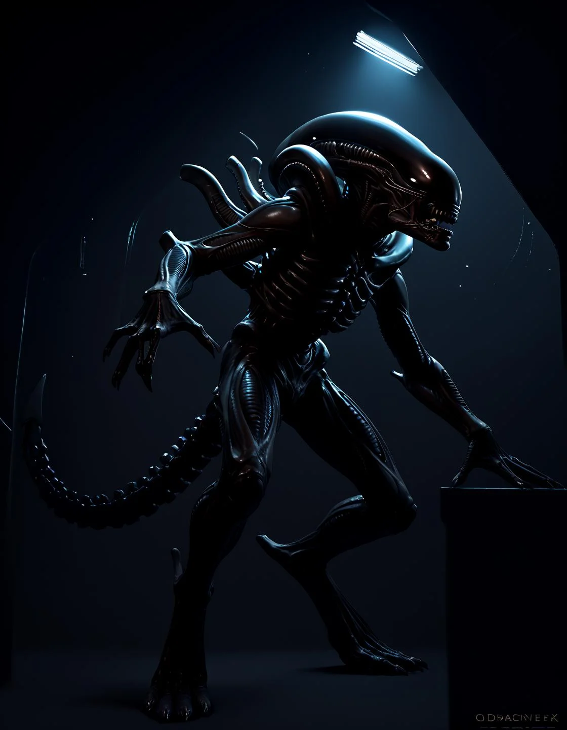 score_9, score_8_up, score_7_up, score_6_up, source_furry, solo, full-length portrait, spaceship background, night, digital art, <lora:Alien_-_Xenomorph_PONY:0.8> xenomorph, digitigrade, monster, backlighting, rimlight, cinematic, nsfw, rating_explicit, genital slit, low-angle view, low angle view, <lora:dark_v1.9-pony:1> dark theme, dim lighting, silhouette, dark background, backlighting, <lora:GwentStyle_v2:0.6> gwentstyle, <lora:Darkgem_Style_PONY_XL:0.4> darkgem