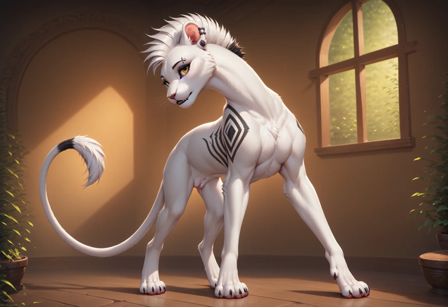 score_9, score_8_up, score_7_up, best quality, solo, ((feral)), Zaffa, lioness, black and white hair, white fur, fluffy fur, detailed fur, black tattoo, lioness tail, eyebrow piercing, ear clip, slim body, ((nacked)), bedroom, detailed background