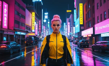 <lora:cwhyberponk1:1>,cwhyberponk1,r0k@p@nk,cwhyberponk0,cwhyberponk,str33tv13w,, scenery, city, cityscape, science fiction, city lights, street, neon lights, realistic, cyberpunk, dark,, Alert theme, bright-yellow aesthetic, (bright-red aesthetic:0.6), (bright-orange aesthetic:0.3), Raised eyebrows, furrowed brows, slightly tightened facial muscles, wide open eyes, leaning slightly forward,