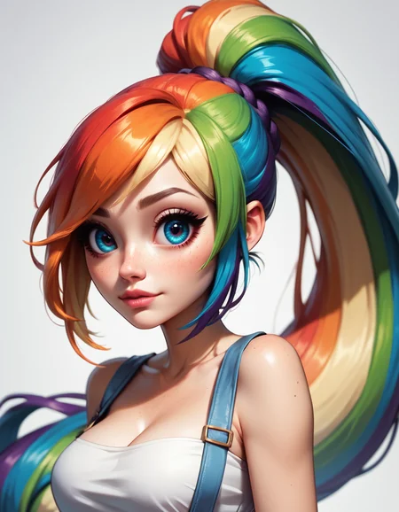 score_9, score_8_up, score_7_up, score_6_up, score_5_up, score_4_up, woman with sexy body, with extremely long ponytail, rainbow hair, very cute face, big eyes