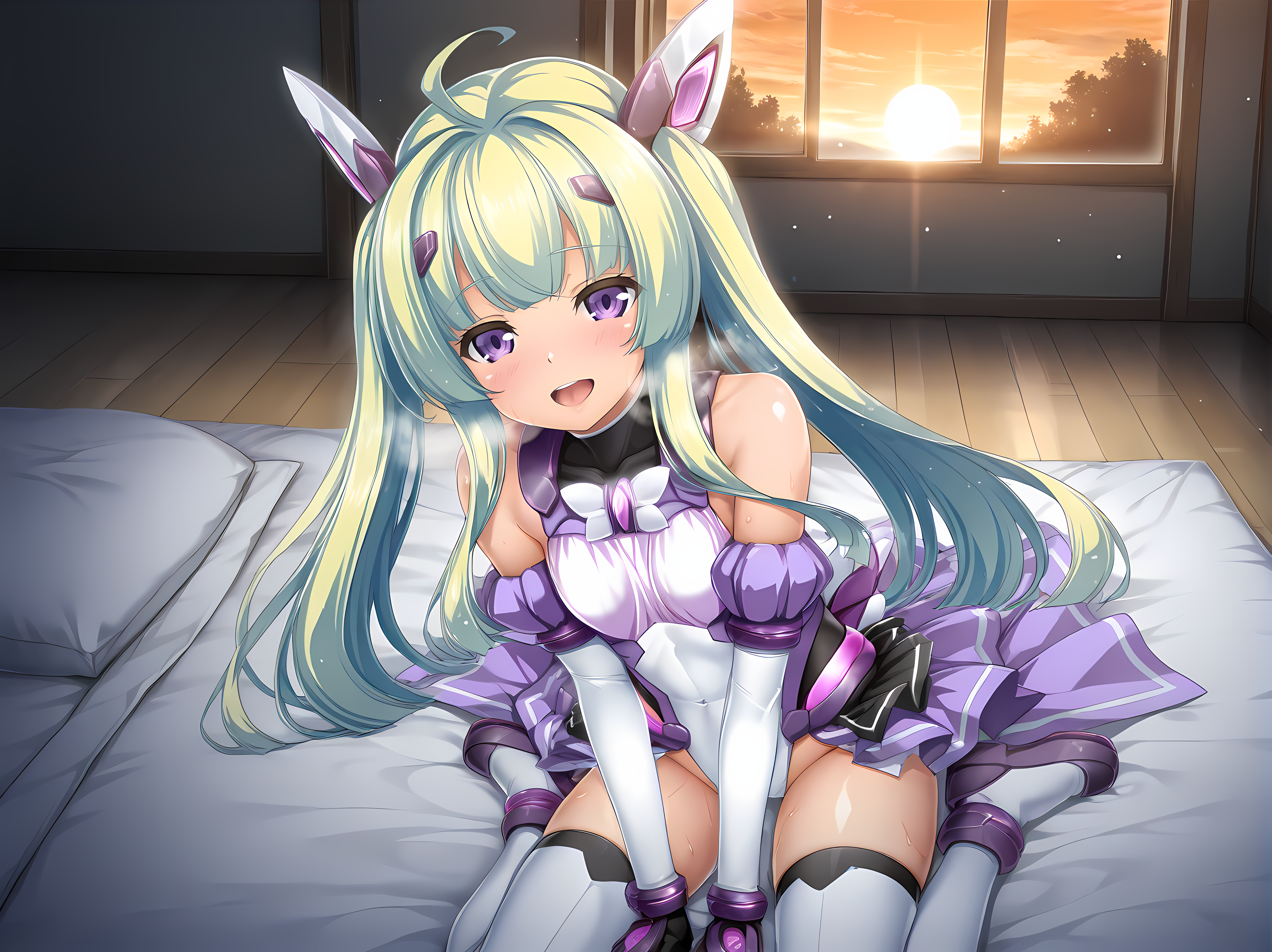 <lora:Yuri_Amakubo_-_Exstia_Illustrious:1>,lusterise,flora,purple eyes,twintails,very long hair,cowboy shot,smile,breasts,indoors,small breasts,breasts,thighhighs,elbow gloves,1girl,boots,leotard,open mouth,tongue,blush,heavy breathing,steaming body,sitting,wariza,futon,window,sunset,dappled sunlight,, masterpiece,best quality,amazing quality,
