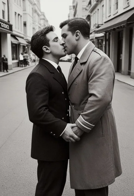 (2men), muscular men, 1 man in American army uniform from the 1920s, 1man in a trench coat and slacks, city street, noir, ((monochrome)), (embrace, close hug), perfect hands, (five fingers), wedding ring, 1920s, (passionate kiss, dip), falling rose pedals, (((men only))), (size difference), (((gay))), no women, loving