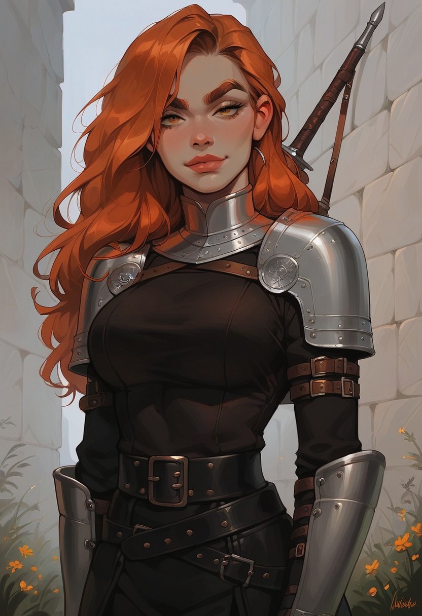 score_9, score_8_up, score_7_up, score_6_up, orange hair, pale skin, big lips, black top, leather top, shoulder armor, black belt, pouches, medieval setting, large breasts, outdoors, battlefield, dark eyebrows, smirk, closed mouth, detailed, confident, toned body, bodyguard, elegant,  g0thicPXL, thick eyebrows, close up, elbow armor