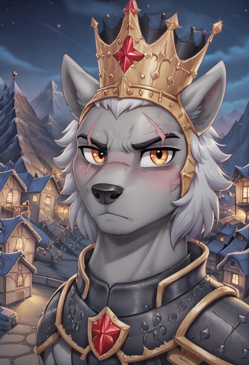 score_9, score_8_up, score_7_up, score_6_up, score_5_up, score_4_up, g4, dog, King Rover Diamondshield, gray skin, scar, night, serious, look at you, village, mountains, diamonds, blushing, cute, glare, high res,