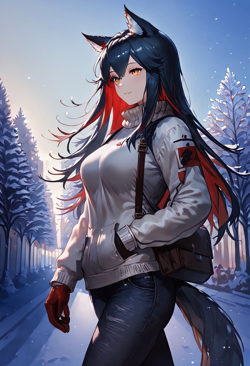 1girl, texas (arknights), female, young, wolf girl, wolf tail, wolf ears, animal ear fluff, amber eyes, multicolored hair, black hair, red inner hair,  (slender body:1.2), (medium breasts:1.2, round breasts, perfectly shaped breasts), sweater, denim pants, happy, park, taut clothing, extremely tight shirt, inviting expression, side view, dutch angle, dark eyeliner, winter colors, (low-angle view:1), walking down a path, wearing mittens on hands, (petite body:1.4), 
score_9, score_8_up, score_7_up, (masterpiece, best quality, very aesthetic, ultra detailed), intricate details, beautiful face, detailed eyes, detailed background, granblue_fantasy_style_xl, expressiveh, light from above,