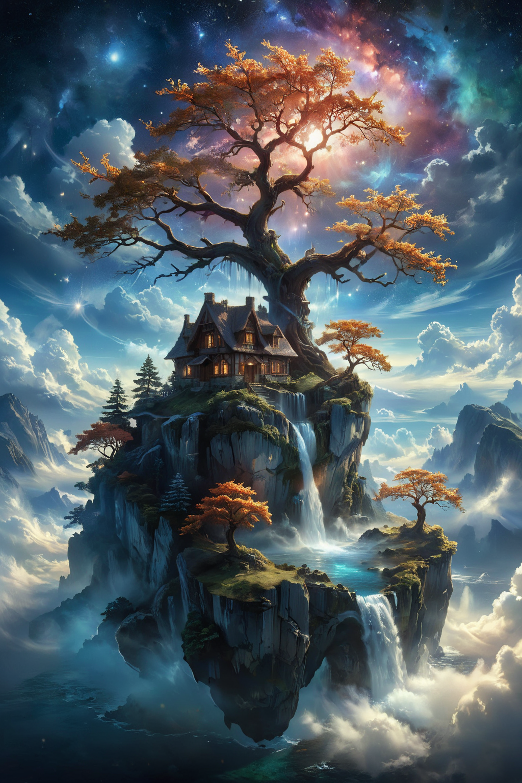 A stunning, hyper-realistic fantasy scene featuring a floating island situated above the clouds. The island hosts a quaint, rustic cottage and a towering ancient tree, their intricate details meticulously rendered. A cascading waterfall flows gracefully from the island, disappearing into the clouds below. The night sky above is ablaze with vibrant colors, stars twinkling against a backdrop of auroras and nebulae, enhancing the ethereal quality of the scene. The environment exudes a magical, dreamlike ambiance, making it feel like a paradise straight out of a fairytale. Fantasy, magical, hyper-realistic, detailed, vibrant, serene, ethereal, dreamlike, mystical, breathtaking. milky way, aurora,
<lora:ral-mtclniscp-sdxl:0.7> ral-mtclniscp,
<lora:add-detail-xl:1.0>,
<lora:EnvyBetterHiresFixXL01:1.0>,
<lora:extremely_detailed:1.0>, extremely detailed,
<lora:EldritchMixIllustration_1.1:0.5>,
<lora:zavy-cntrst-sdxl:0.75> dark, chiaroscuro, low-key,
<lora:xl_floating:0.85> floating island, surreal,