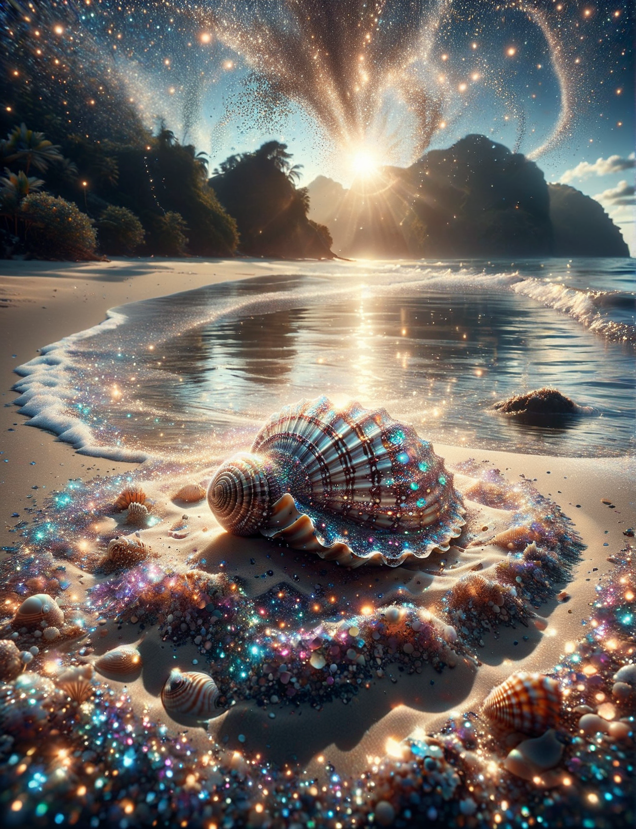 A ais-glttrbmb solitary seashell, its intricate patterns glowing, on the pristine sands of a deserted shore, with gentle waves lapping at its edges <lora:ais-glttrbmb-sdxl:1>