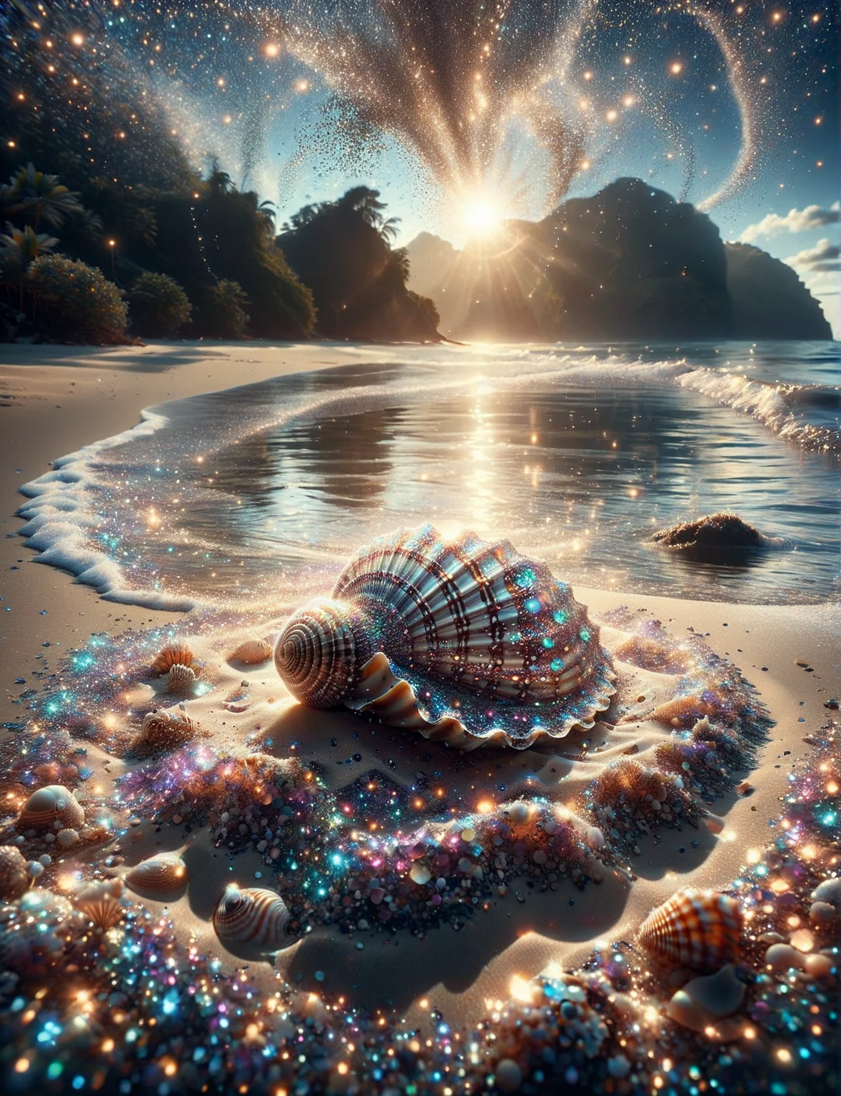 A ais-glttrbmb solitary seashell, its intricate patterns glowing, on the pristine sands of a deserted shore, with gentle waves lapping at its edges <lora:ais-glttrbmb-sdxl:1>