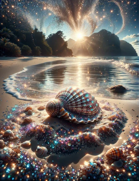 A ais-glttrbmb solitary seashell, its intricate patterns glowing, on the pristine sands of a deserted shore, with gentle waves lapping at its edges <lora:ais-glttrbmb-sdxl:1>