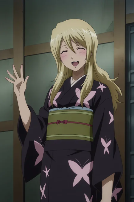 anime screencap, anime coloring, detailed face, perfect fingers, masterpiece, best quality, very aesthetic, absurdres, volumetric lighting, official style,
outside, in a town, 
 <lora:Goriko_Genderbent_Isao_Kondou_from_Gintama:1>
Goriko (character), 1girl, solo, Japanese clothes, kimono, solo, blonde hair, long hair, closed eyes, obi, sash, butterfly print, black kimono, open mouth, cowboy shot, happy girl, blush, facing the viewer