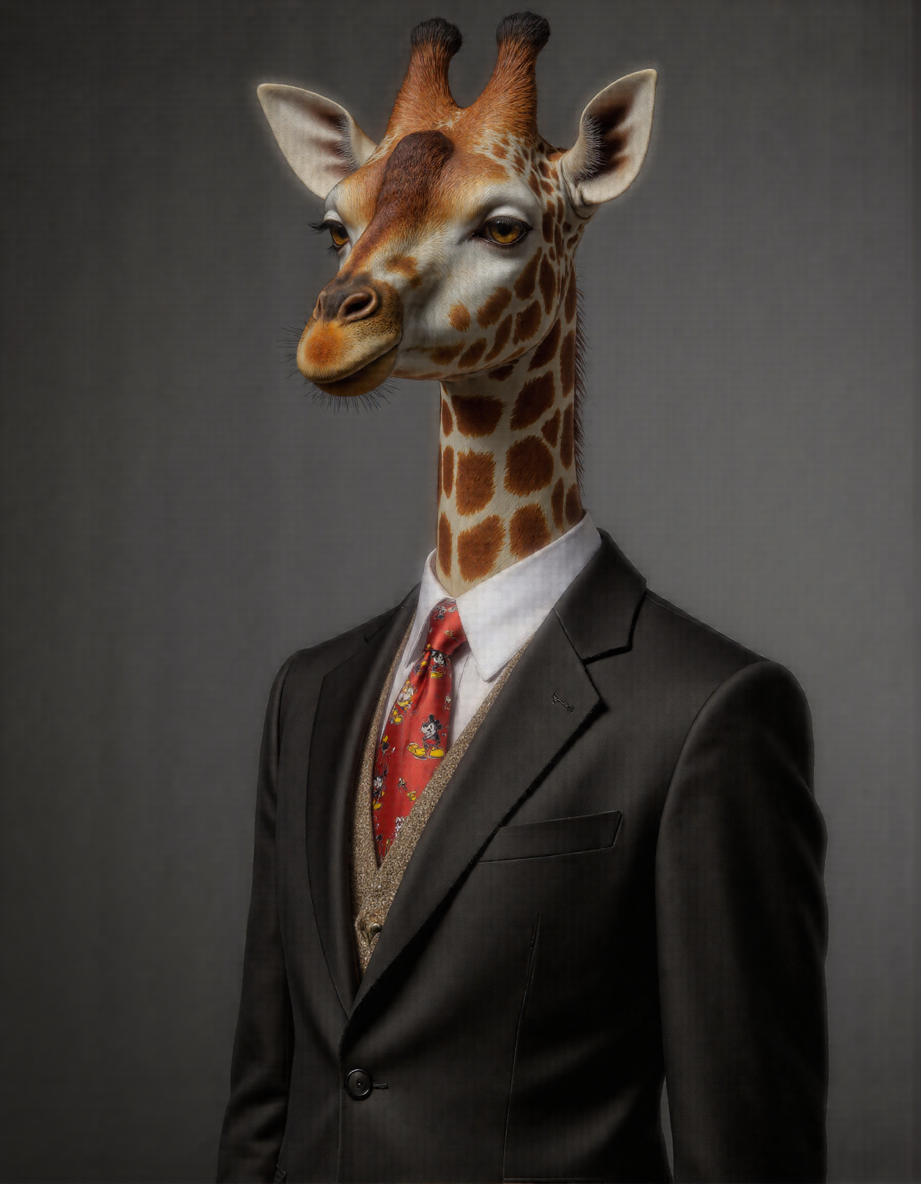 Frida Kahlo style full body shot of <lora:antr:1>, Rembrandt style, This is an ultra-realistic, highly detailed portrait of a giraffe rendered with meticulous attention to texture, lighting, and whimsical contrast. The giraffe stands confidently against a smooth gradient grey background that transitions from a deep charcoal at the bottom to a soft silvery hue near the top, creating a neutral yet dynamic setting that highlights every intricate detail of the subject. The giraffeâs body is tall and elegant, covered in a patchwork of irregular, golden-brown spots that vary subtly in tone and texture. Each spot has a velvety sheen under the soft, diffused lighting, with faint ridges and fine hairs visible along their edges where light catches the coarse surface of its coat. Beneath the patterned skin lies a sense of underlying musculature, emphasized by subtle shadows that trace the contours of its neck, legs, and torso. The skin around its joints and underbelly is smoother and lighter in color, with delicate folds that add a tactile realism to its form. Its face features sharp, lifelike details: large, expressive eyes are framed by long, dark lashes and adorned with intricate patterns unique to each individual giraffe. The eyes shimmer faintly, reflecting hints of amber and hazel that give them a warm, intelligent gaze. Tiny wrinkles radiate outward from the corners of its eyes and mouth, adding depth and character to its expression. Its nostrils flare slightly, capturing the essence of calm alertness, while its lipsâsoft and flexibleâare curled into a gentle, curious smile. The giraffe dons a tailored charcoal-grey business suit that fits snugly over its slender frame, blending professionalism with a touch of surreal humor. The suit jacket is impeccably cut, with sharp lapels and subtle shoulder padding that accentuates its poised demeanor. However, the fabric of the suit is anything but ordinaryâit features a playful pattern of dancing Mickey Mouse figures, rendered in vibrant shades of red, yellow, and black. Each Mickey figure strikes a different pose, mid-twirl or mid-jump, creating a lively, almost animated effect across the otherwise formal attire. Beneath the suit jacket, the giraffe wears a crisp white dress shirt, slightly rumpled as if it's been worn through a busy day. A bright red silk tie completes the ensemble, knotted neatly at its throat, though one end hangs slightly askew, hinting at a carefree attitude despite the polished appearance. The tie is adorned with tiny embroidered Mickey silhouettes, tying the whimsical theme together seamlessly. Lighting plays a crucial role in this piece, with soft, even illumination casting gentle shadows that accentuate the giraffe's three-dimensional form. Subtle highlights run along the ridges of its ossicones (the horn-like structures atop its head), the curve of its ears, and the raised fibers of its fur, while deeper shadows pool within the folds of its skin and the creases of its clothing. This interplay of light and shadow creates a masterfully realistic rendering, drawing the viewerâs eye to the intricate textures and imperfections that define the giraffe's character. Every element of this portraitâfrom the carefully crafted texture of the giraffe's spotted coat to the whimsical dancing Mickeys on its business suitâhas been meticulously designed using advanced CGI techniques combined with photorealistic textures. The result is an unparalleled level of realism that blurs the line between digital art and photography, inviting viewers to linger over the smallest details and marvel at the juxtaposition of sophistication and playfulness in this unconventional yet compelling subject. . Baroque, chiaroscuro, realistic, emotional, "flat lighting. Whole outfit, clear, sharp, balanced . Surrealist, autobiographical, vibrant, symbolic, "Realist