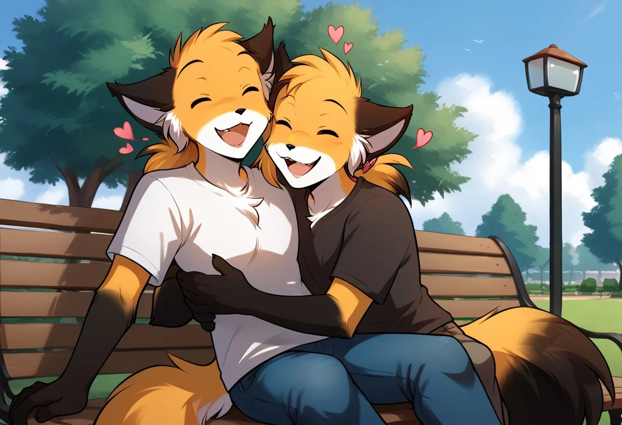 score_9, score_8_up, score_7_up, best quality, score_6_up, source_furry, rating_explicit
BREAK
duo, anthro male fox, fox, anthro, Perfect Hands, furry male anthro, (happy, laughing), (outdoors, park), Sitting on a bench, flat chest, eyes contact, black T-shirt, jeans, hugging
BREAK
score_9, score_8_up, score_7_up, best quality, score_6_up, source_furry, rating_explicit
BREAK
duo, furry female anthro, mike-twokinds, (happy, laughing), (outdoors, park), Sitting on the guy's lap, eyes close, white T-shirt, cute shorts, floating hearts, medium breasts, hugging