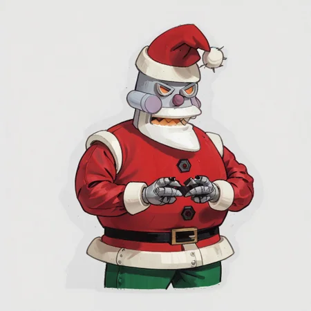 score_9, score_8_up, score_7_up, score_6_up, rating_safe,
r0b0t_s4nta_c1aus, solo, santa hat, santa_costume, pants,  christmas headwear, christmas clothing, solo, laughing manically, handing bombs out disguised as presents,
simple background,