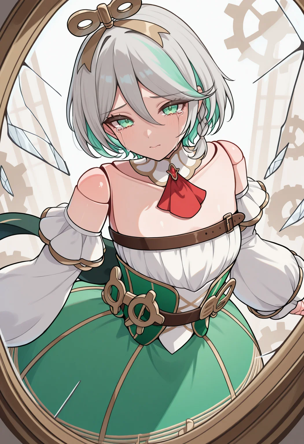 masterpiece, best quality, 1girl, solo, CeciliaDefault, green eyes, winding key hair ornament, doll joints, grey hair, colored inner hair, streaked hair, short hair, side braid, detached collar, red ascot, strapless dress, detached sleeves, chest belt, green corset, gears, green skirt, bloomers, white shorts under skirt, gold trim, musical note, dynamic angle, dutch angle, foreshortening, looking at viewer, cracked glass, shattered, tears, crying, <lora:ChamCeciliaImmergreenIllustriousXL:1>
