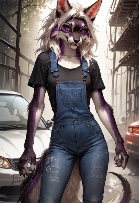 score_9, score_8_up, score_7_up, ng_deepnegative_v1_75t, by reallynxgirl, female, ((((anthro)))), 1girl, furry_female, solo, furry, animal_ears, tail, purple_eyes, long_hair, small breasts, smile, animal paws, claws, looking_at_viewer, snout, cinematic lighting, anime style, black T-shirt, denim overalls, athletic body, strong body, collarbone, hot, 2D, detailed background, repair, car repair, garage, car, disassembled car, auto parts, dynamic pose, repair