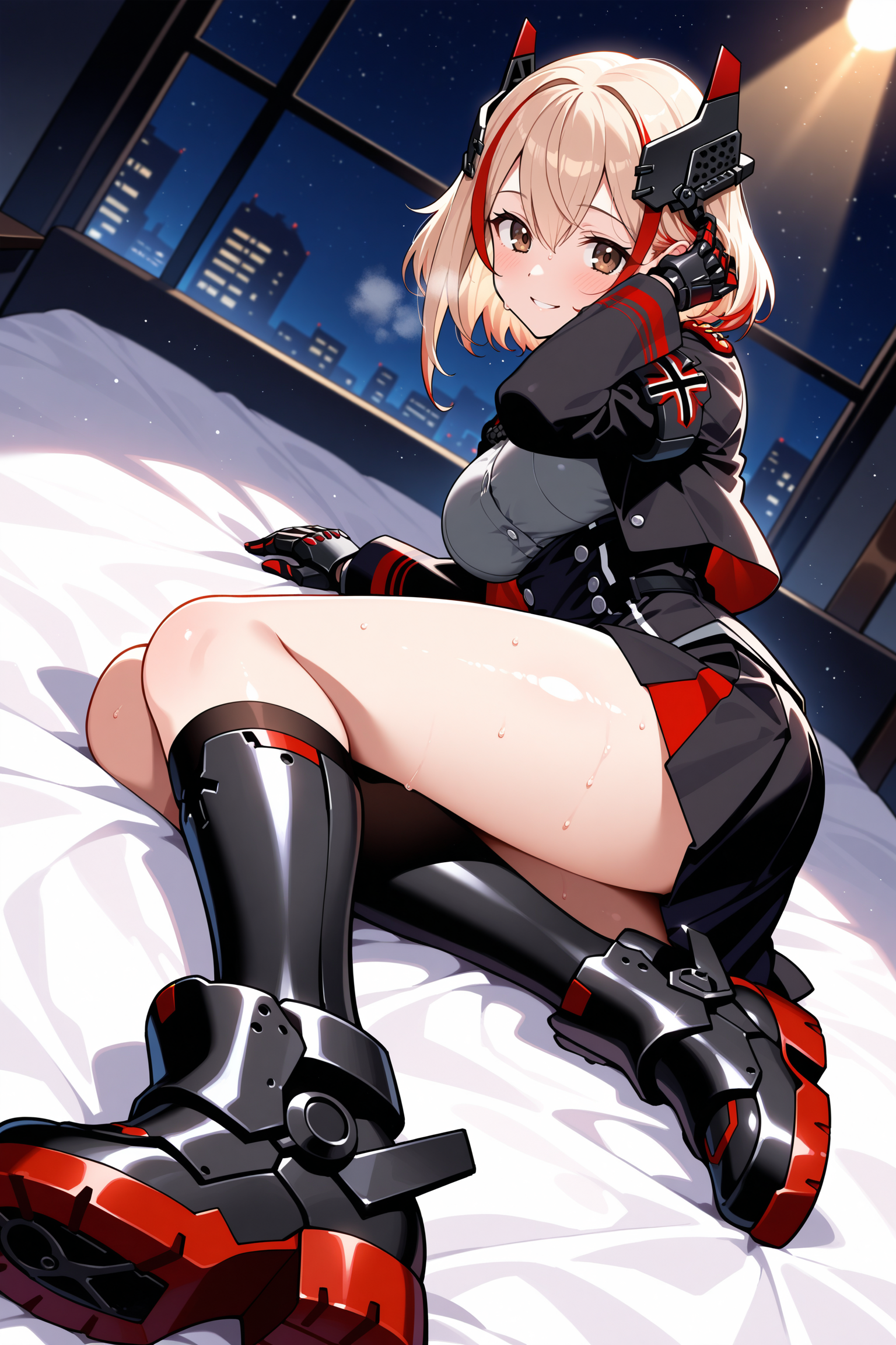 masterpiece, best quality, anime, 2d, 1girl, brown eyes, medium hair, two-tone hair, headgear, iron cross, cropped jacket, open jacket, grey shirt, underbust, long sleeves, mechanical hands, double-breasted, black miniskirt, mechanical boots, <lora:RoonNBCAMEq4v1 AL:1>,  indoors, on bed, lying on side, from side, close up, abstract, spotlight, alluring, in heat, shiny skin, steaming body, reaching towards viewer, full body, night, darkness, full body, dutch angle, adjusting hair, smile, close up, sweat,