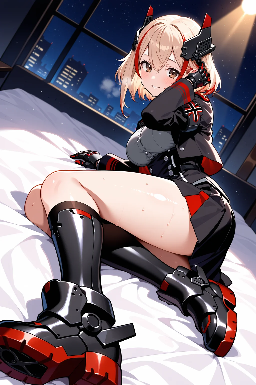 masterpiece, best quality, anime, 2d, 1girl, brown eyes, medium hair, two-tone hair, headgear, iron cross, cropped jacket, open jacket, grey shirt, underbust, long sleeves, mechanical hands, double-breasted, black miniskirt, mechanical boots, <lora:RoonNBCAMEq4v1 AL:1>,  indoors, on bed, lying on side, from side, close up, abstract, spotlight, alluring, in heat, shiny skin, steaming body, reaching towards viewer, full body, night, darkness, full body, dutch angle, adjusting hair, smile, close up, sweat,