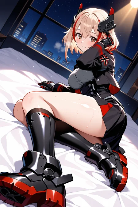 masterpiece, best quality, anime, 2d, 1girl, brown eyes, medium hair, two-tone hair, headgear, iron cross, cropped jacket, open jacket, grey shirt, underbust, long sleeves, mechanical hands, double-breasted, black miniskirt, mechanical boots, <lora:RoonNBCAMEq4v1 AL:1>,  indoors, on bed, lying on side, from side, close up, abstract, spotlight, alluring, in heat, shiny skin, steaming body, reaching towards viewer, full body, night, darkness, full body, dutch angle, adjusting hair, smile, close up, sweat,