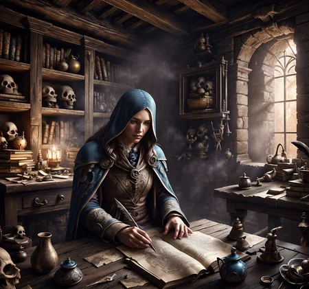 RAW photo, (masterpiece:1.3), subsurface scattering, heavy shadow, (high quality:1.4), (intricate, high detail:1.2), professional photography, HDR, High Dynamic Range, realistic, ultra realistic, photorealistic, high resolution, film photography, ambient lighting, atmospheric effects, <lora:detail_slider_v4:2>, OverallDetail, <lora:FantasyStudy:1> , book, bookshelf, candle, capelet, cup, fanstu, gloves, indoors, long hair, no humans, quill, scenery, sitting, skull, solo, steam, window