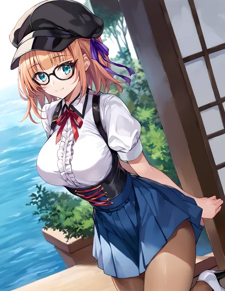 <lora:pony_xl_miyabi:0.9>,miyabi,score_9,score_8_up,score_7_up,source_anime,1girl,solo,black headwear,cabbie hat,purple ribbon,hair ribbon,black-framed eyewear,glasses,blouse,white shirt,puffy short sleeves,red ribbon,shirt tucked in,center frills,blue skirt,pleated skirt,high-waist skirt,brown pantyhose,white footwear,high heels,day,smile,blush,standing,arms_behind_back,leaning_forward,looking at viewer,
