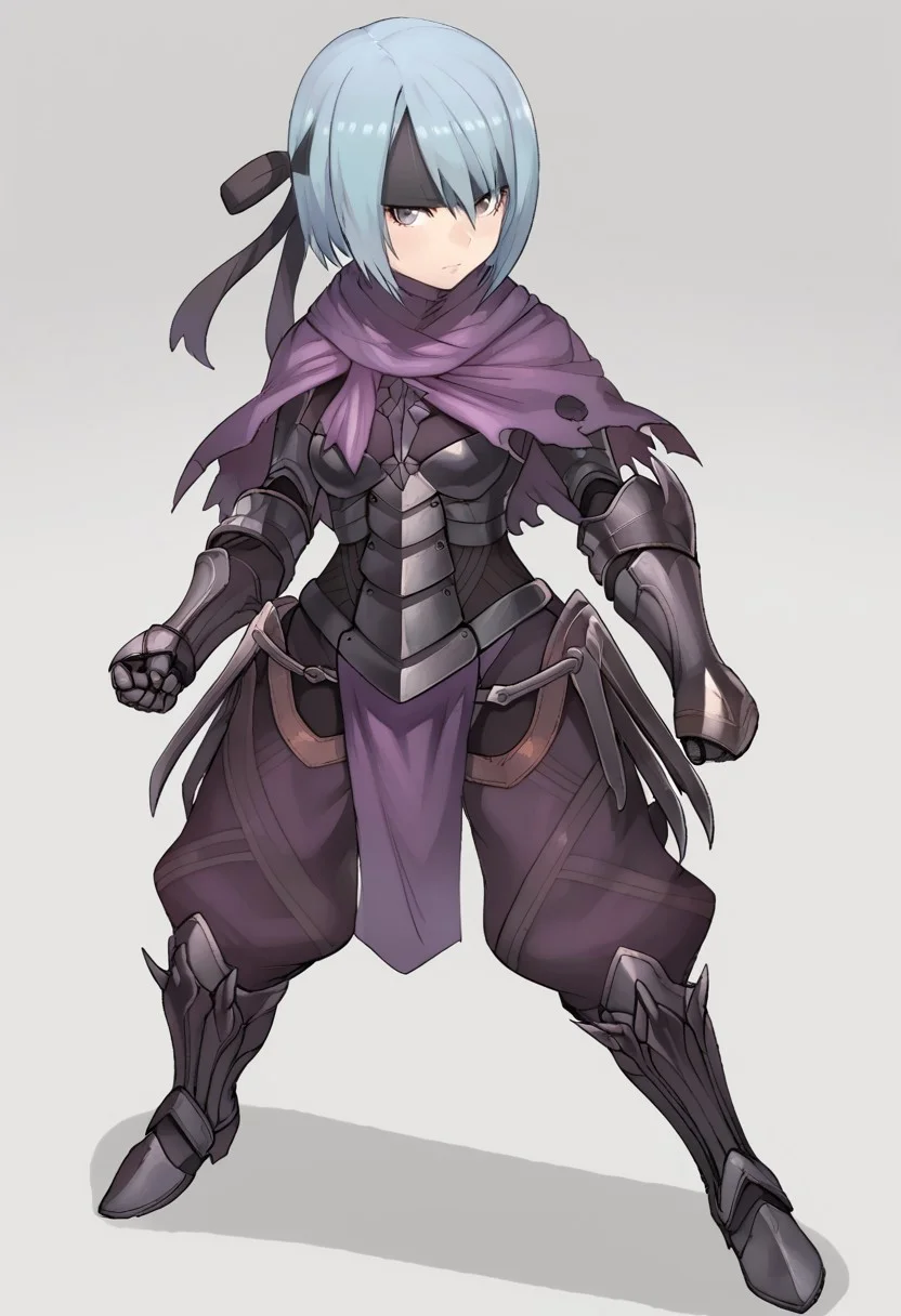 antiBlurV2, high quality, solo, Beruka, gray eyes, headband, purple scarf, black armor, black metal gauntlets, pants, boots,