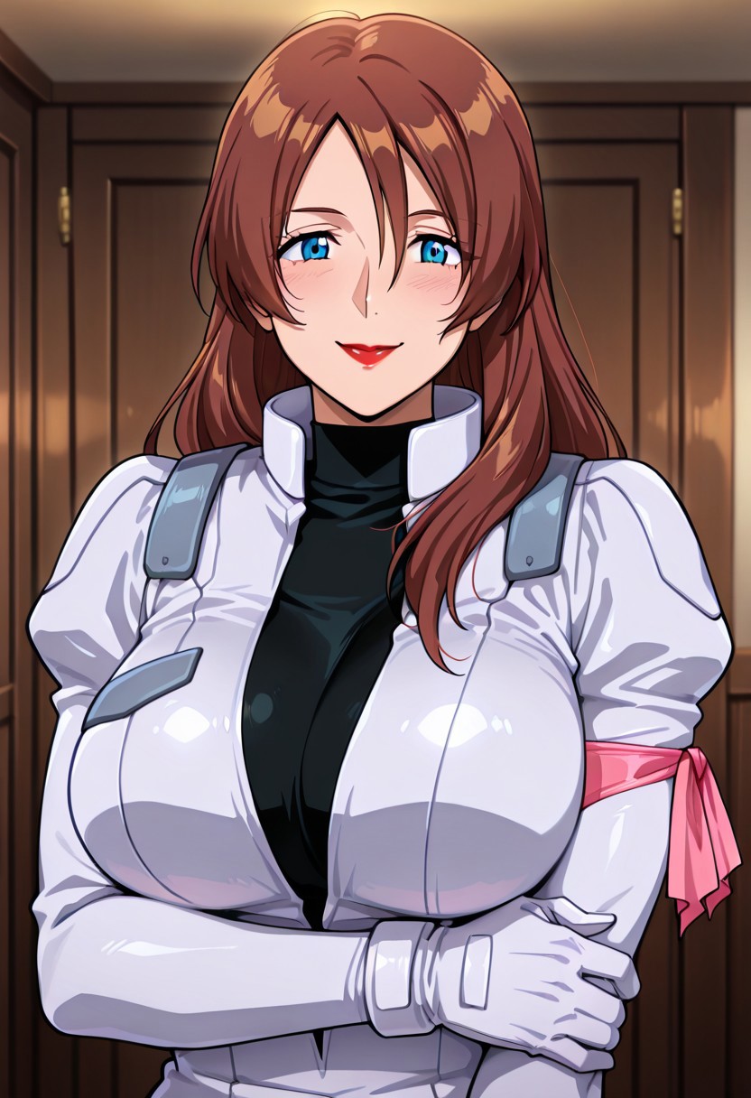 masterpiece, best quality,((masterpiece, absurdres)), best quality, amazing quality, newest, 4k, anime coloring, very aesthetic, ray tracing, Smooth Quality, CG,maheria 1 mature female , brown hair, long hair, blue eyes, red lips, pilotsuit, turtleneck t-shirt, arm ribbon,gloves,smile,upper body
