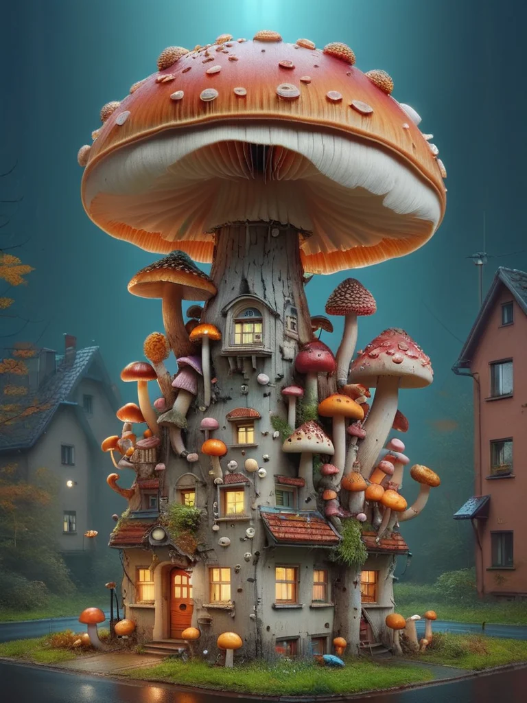 cute cartoon mushroom monsters and mushroom building a giant robot at night by goro fujita and simon stalenhag and wes anderson and alex andreev and chiho aoshima and beeple and banksy and kandinsky and magritte and basquiat and picasso, 8 k, trending on artstation, hyper detailed, cinematic, mushroomz <lora:mushroomz:1>