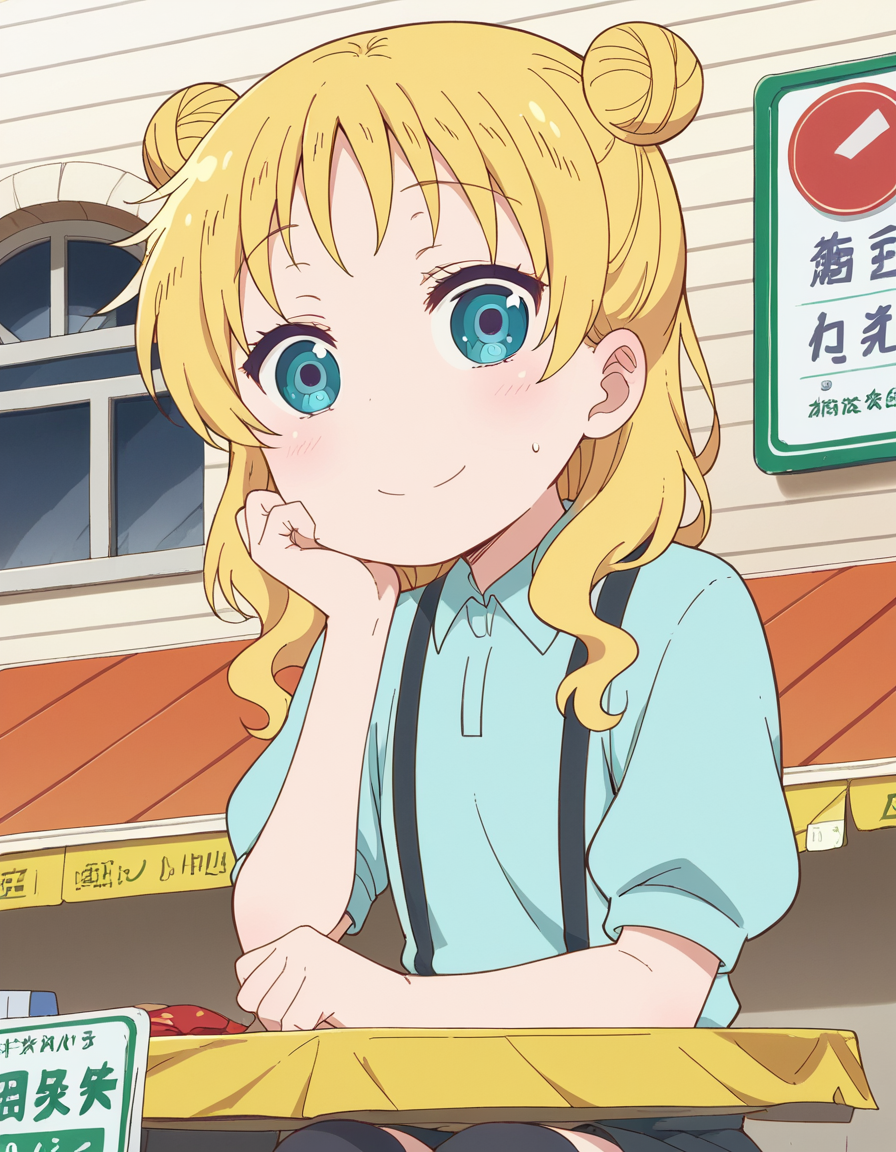 score_9, score_8_up, score_7_up, source_anime, <lora:dragon-chloe-s2-ponyxl-lora-nochekaiser:1>, chloe, blue eyes, blonde hair, hair bun, double bun, child, female child,, skirt, shirt, thighhighs, collared shirt, suspenders, blue shirt,, bus stop, waiting, commuter, smartphone, checking time, cold morning, smile, looking at viewer, sitting, elbow rest, table,, solo,, dutch angle,