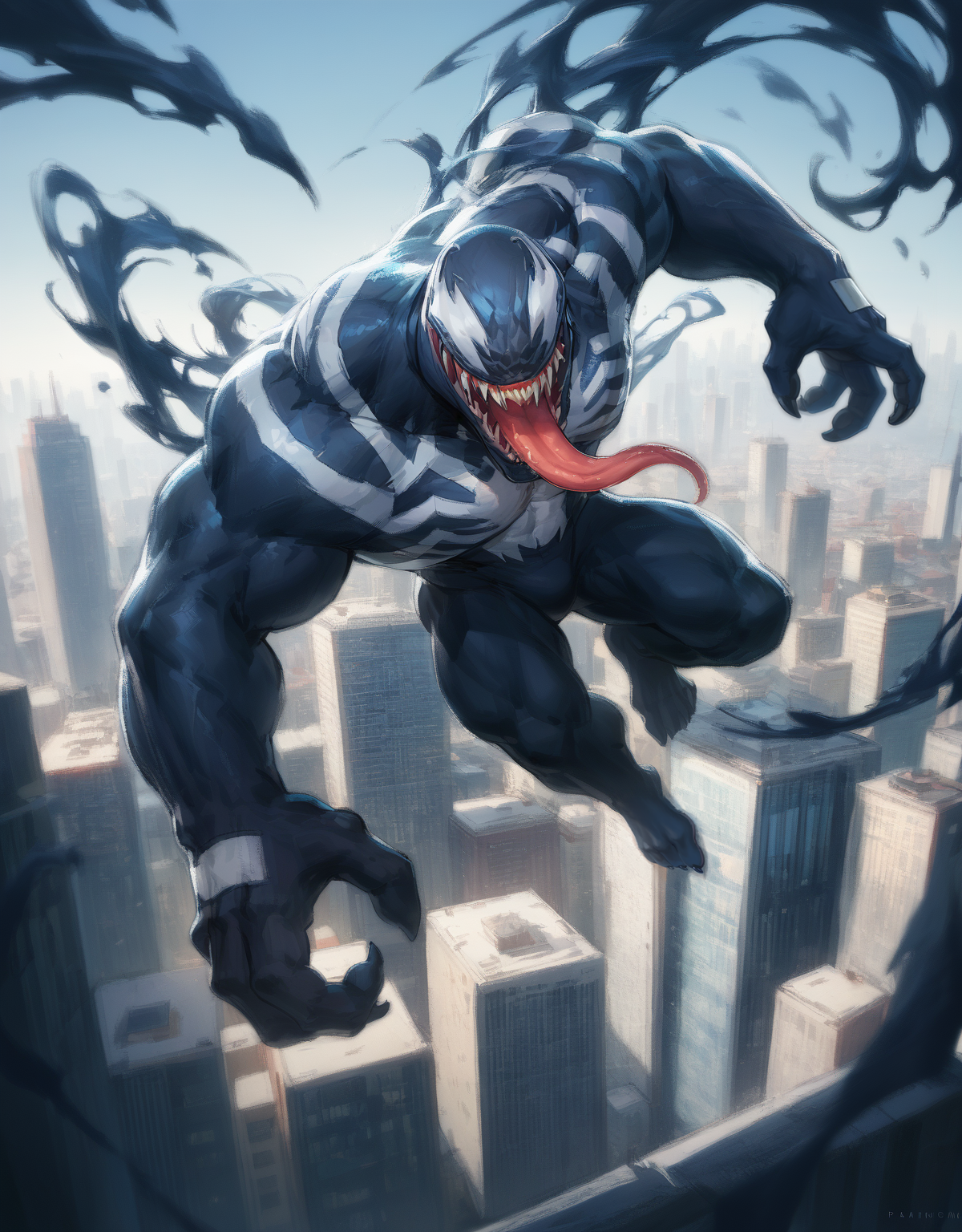 score_9,score_8_up,score_7_up,<lora:Venom-XL-000014:0.8>,venom \(marvel\),solo,1boy,bara,tongue,fangs,full body,flying,looking_at_viewer,cinematic_angle,cityscape,