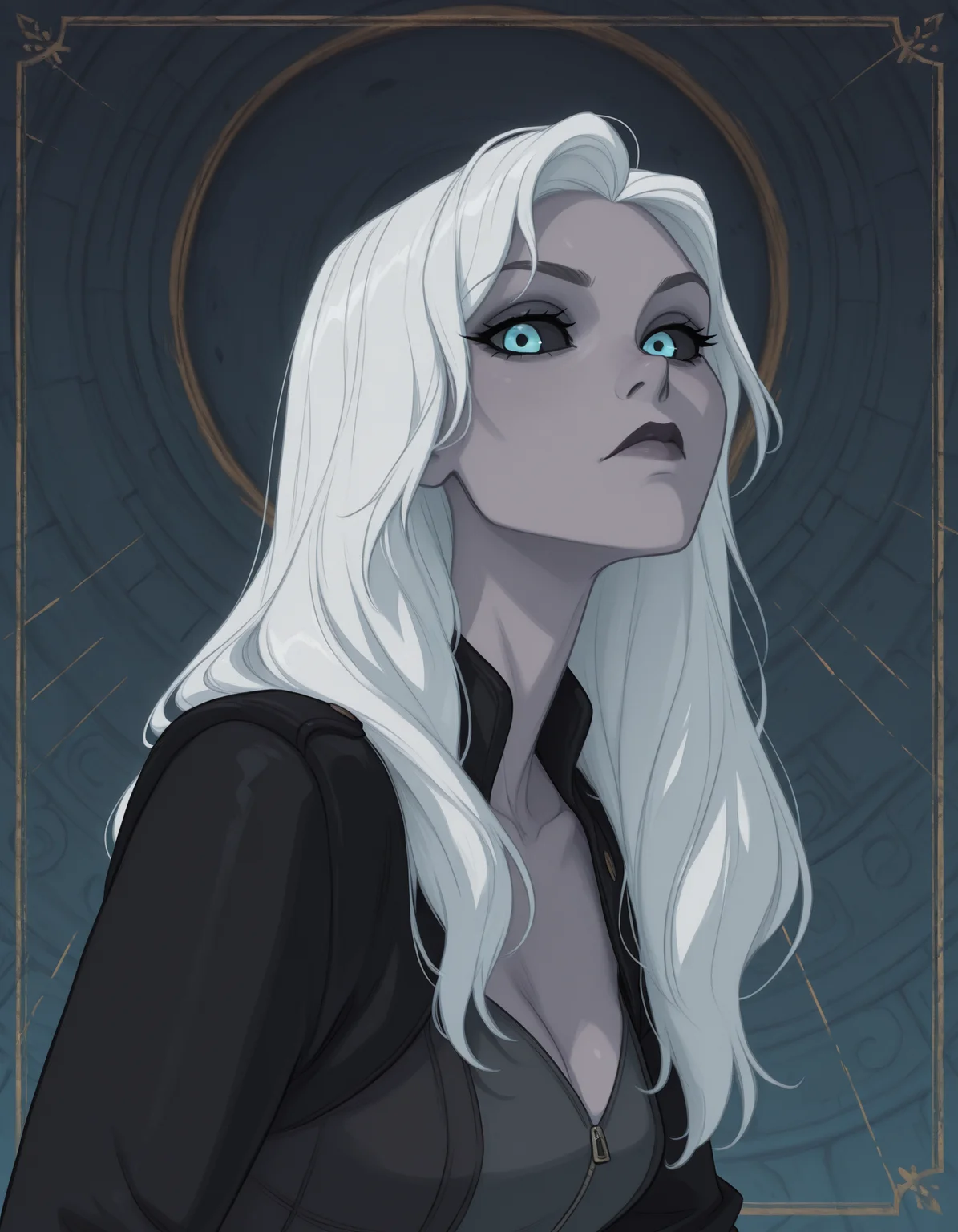 Disney_Il5.0, 1girl, solo, long hair, looking at viewer, blue eyes, 1boy, jacket, upper body, white hair, male focus, black jacket, colored skin, colored sclera, black sclera, grey skin, masterpiece, best quality, ultra-detailed, highest quality, official art, latest, very awa, very aesthetic, detailed shading, (detailed background, complex background), amazing quality, intricate, hyper-detailed, excellent, absurdres, latest,