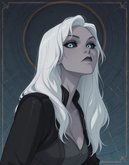 Disney_Il5.0, 1girl, solo, long hair, looking at viewer, blue eyes, 1boy, jacket, upper body, white hair, male focus, black jacket, colored skin, colored sclera, black sclera, grey skin, masterpiece, best quality, ultra-detailed, highest quality, official art, latest, very awa, very aesthetic, detailed shading, (detailed background, complex background), amazing quality, intricate, hyper-detailed, excellent, absurdres, latest,