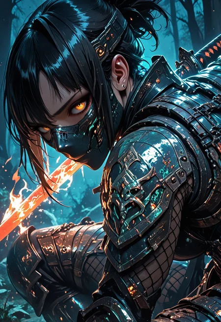 (masterpiece), (best quality), (8k), 1girl, cinematic lighting, dynamic action pose, highres, very detailed, amazing quality, masterpiece, fujimoto_tatsuki, fujimoto_tatsuki_(style), 
very aesthetic, intense,
particle effect,
1girl, shadowheart, samurai, solo, layered samurai armor, engraved, bodysuit, tight clothing, fishnets, sleeveless, futuristic armor, runic symbols etched in armor, armored legs, full mask, halfmask, flaming katana, 
assassin theme, japan theme,
looking at viewer, tough pose,
mountains, 
at night, night, close up, closeup,