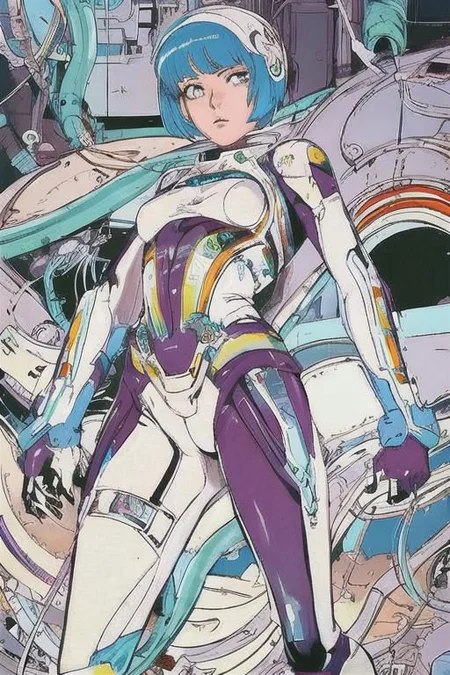 2d artwork, line artwork, comic aesthetics, 1girl, gorgeous, spacesuit mech, looking at viewer, surreal, breathtaking high-tech hardware background, line noise, ancient, retrofuturism, old comic paper, 1girl, beautiful face, spacesuit mech, short hair,