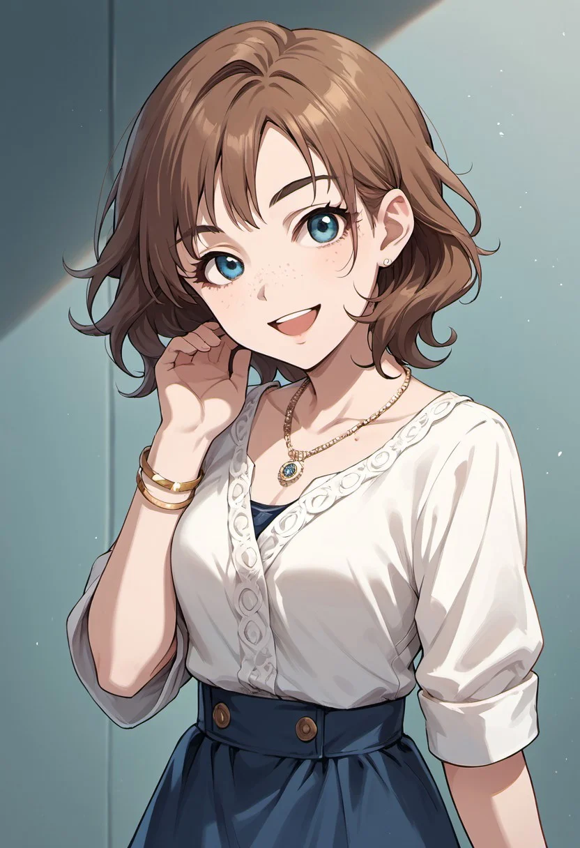 score_9, score_8_up, score_7_up, source_anime,kate, brown hair, blue eyes, short hair, 1girl, solo, jewelry, freckles, bracelet, necklace, looking at viewer, open mouth, smile, skirt