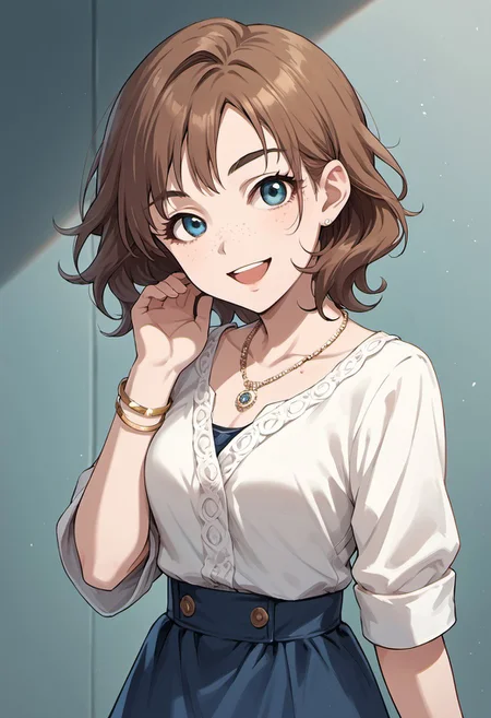 score_9, score_8_up, score_7_up, source_anime,kate, brown hair, blue eyes, short hair, 1girl, solo, jewelry, freckles, bracelet, necklace, looking at viewer, open mouth, smile, skirt