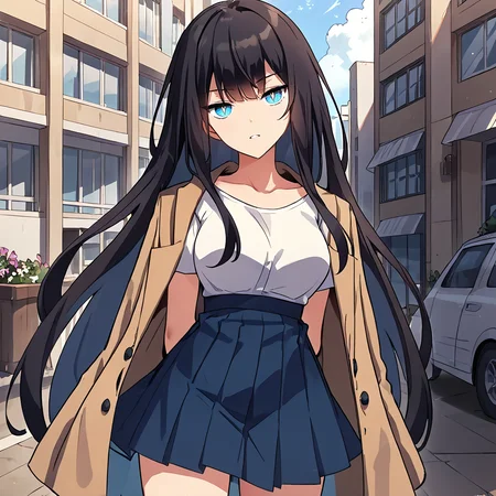 1girl, solo, joo so-yul, long hair, breasts, black hair, blue eyes, bangs, very long hair, slit pupils, white pupils, collarbone, white t-shirt, blue skirt, jacket, coat, brown jacket, jacket on shoulders, bare arms, high-waist skirt, pleated skirt, jewelry, bracelet, thighs,
looking at viewer, leaning forward, arms behind back, head tilt,
score_9, score_8_up, score_7_up, masterpiece,zPDXL3, outdoors,
<lora:Joo_So-Yul_bluetheme:0.75>