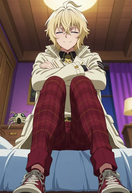 masterpiece, best quality, , anime screencap, anime coloring, official style, looking at viewer, 1boy, solo, male focus, <lora:mikaela_hyakuya_ilxl:0.98>, mikaela_hyakuya, blonde hair, blue eyes, short hair, hair between eyes, bangs, ahoge, , from below, bedroom, bed, nightstand, noon, crossed arms, (closed eyes:1.2), smile, Amethyst Plaid golf pants, Field jacket, Suede sneakers, Tophat with a veil, Face Hugger Mask (from sci-fi)