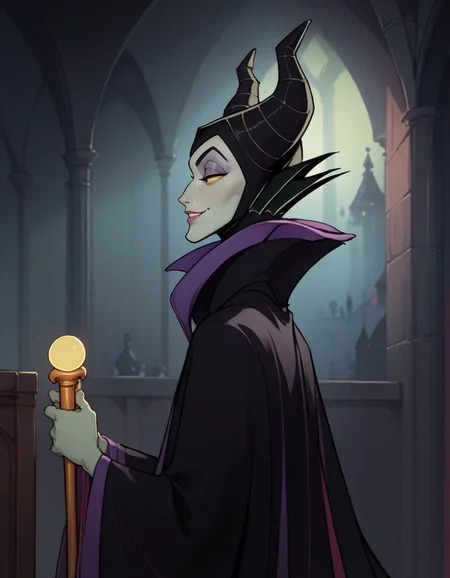 score_9, score_8_up, score_7_up,
1girl, solo,
maleficentdg,
colored skin, yellow sclera,
horned headwear, wide sleeves, high collar, black cape,
from side, profile,
light smile, half-closed eyes,
castle interior, night,
<lora:Maleficent DG PXL v02-000003:0.90>