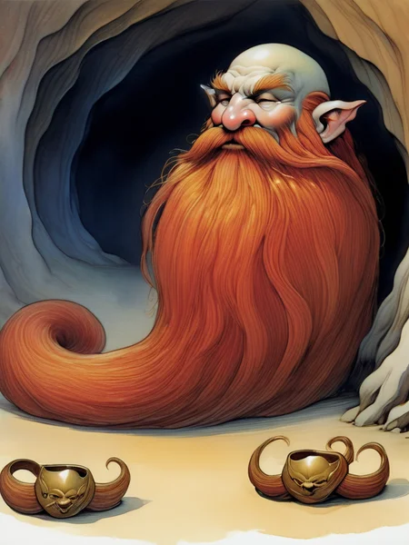 Watercolor painting of a peculiar dwarf-like being with a head and features typical of a dwarf, but their body is entirely composed of a flowing, long red beard, sleeping, laying down, braided moustache, gold bangles, They have no visible arms, torso, or legs, in a cave, goblins in the background, <lora:Harry_Dwarf:1>, Vibrant, beautiful, painterly, detailed, textural, artistic