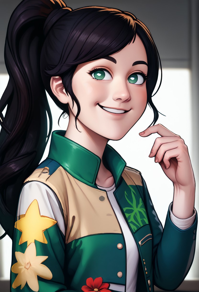 score_9, score_8_up, score_7_up, score_6_up, PRSNL_3_1,  uncensored, pupils black dots, realistic,
warm light, upper body,
hammiekyuranger,
solo, 1girl, jacket, black hair, pantyhose, smile, brown hair, long hair, ponytail, green eyes, floral print, star (symbol) skirt,