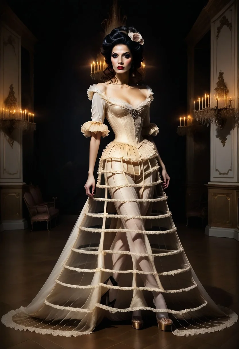 safe_pos, safe_pos, score_9, score_8_up, score_7_up, rating_safe, Fixhand, concept art, realistic, dark theme, low light, dvr-gs. 1girl, solo, ((Long legs)).
Long Black hair, Blue eyes, sexy makeup.
CageSkirt. ((long skirt)).
((Full body))
