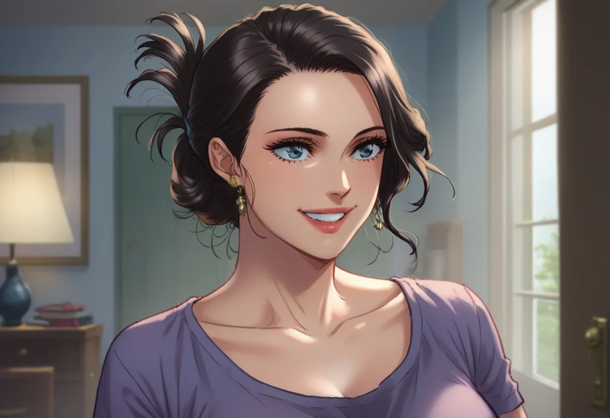 score_9, score_8_up, score_7_up,<lora:xl_more_art-full_v1:0.8>,
<lora:Anime Summer Night Style SDXL_LoRA_Pony Diffusion V6 XL:0.48>,beautiful aesthetic,
BREAK <lora:abv3-qbv5-pony-64-resd:0.6>, \(aimee woman,p4rpl3 shirt,scoop neck,folded ponytail,(shiny skin: 0.7)\),talking to,
smiling,(illustrated),room,rim lighting,extremely detailed,32k,(zPDXL:0.9),4ndr3w artstyle,
