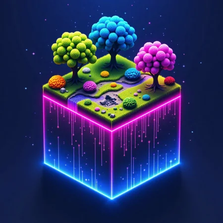 M1CR0CUB3D, A cube world where glowing trees grow on neon moss under a dark, bioluminescent sky. Below ground, data roots pulse with light, connecting to a buried AI core.