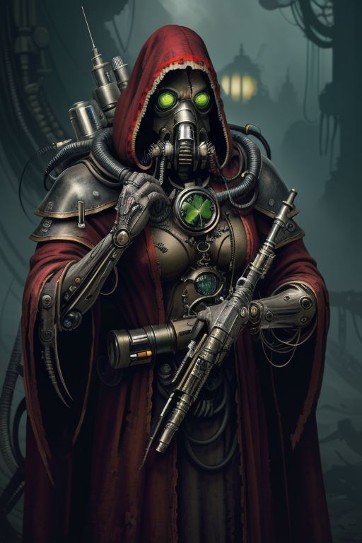 ((masterpiece,best quality)), absurdres, mechanical arms, robes, hood, ((techpriest)), cyborg, mechanical face, (DarkFantasy), mechanical limbs, gas mask, black robe, 1other, solo, holding rifle,