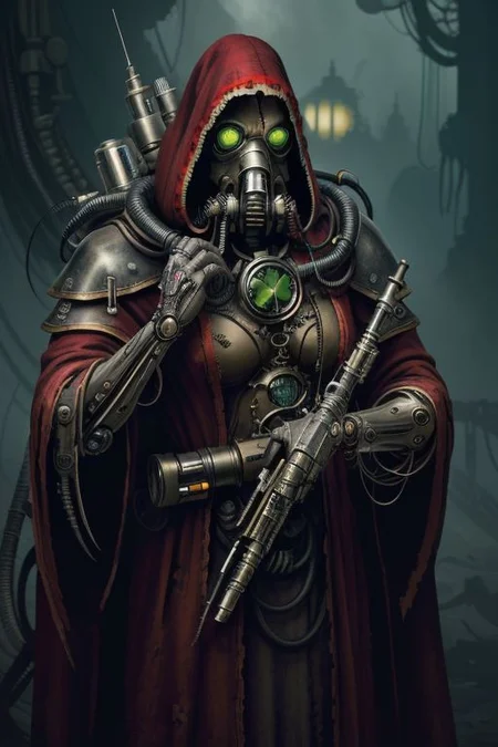 ((masterpiece,best quality)), absurdres, mechanical arms, robes, hood, ((techpriest)), cyborg, mechanical face, (DarkFantasy), mechanical limbs, gas mask, black robe, 1other, solo, holding rifle,