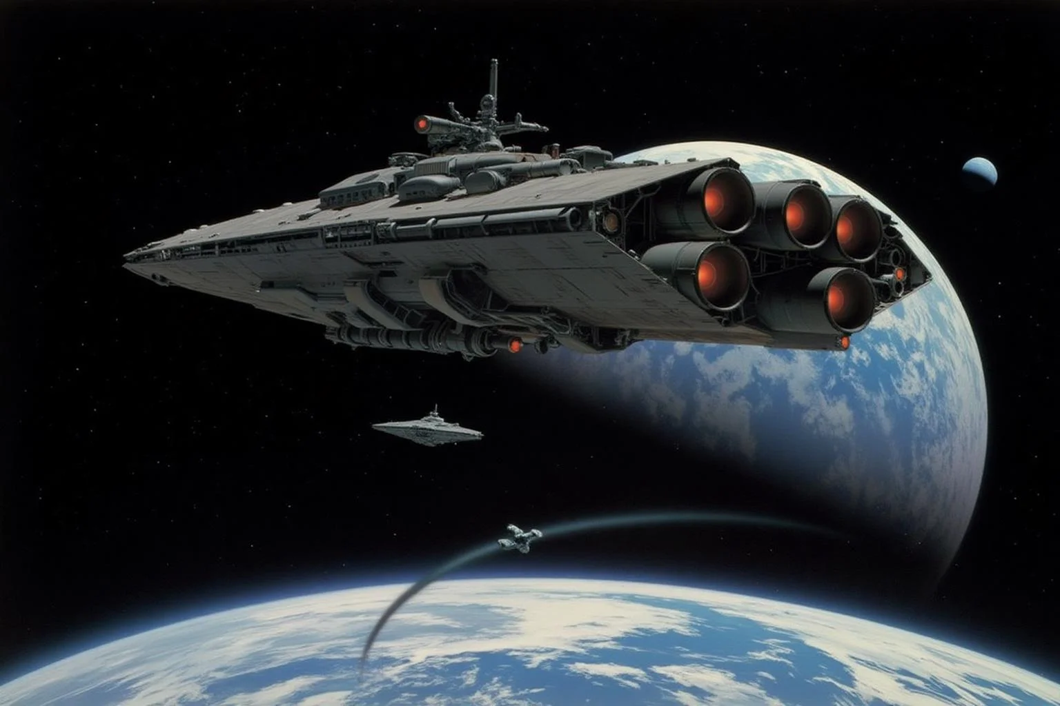 ralphmcq1 painting.
A futuristic space scene featuring a massive starship with intricate mechanical details and glowing red engine thrusters, hovering over a large, icy planet with swirling clouds. A smaller, sleek spaceship is seen in the middle ground, moving towards the planet. The deep black space background is dotted with distant stars and a small moon. The perspective is dramatic, emphasizing the scale of the massive ship above, creating a sense of depth and grandeur. The art style is highly detailed and cinematic, with realistic lighting and textures.
<lora:ralphmcq_cap_d6a3:1.0><lora:830317874108377929:0>