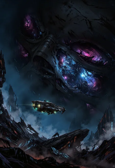 A digital painting in the style of ck-js, depicting a small, rugged prospecting ship navigating through the colossal, shattered remnants of a planet destroyed by an ancient cataclysm. Immense, continent-sized fragments drift silently in space, pulsating internally with unstable energy (intense electric blues and vibrant magentas). The ship's focused searchlights pierce the energized dust, illuminating jagged, crystalline structures within the debris field. The palette features deep space black, the chaotic, high-energy glow of the fragments (electric blues/magentas), and the contrasting sharp green of the ship's lights. Focus is on navigating immense, dangerous scale and the aftermath of destruction.